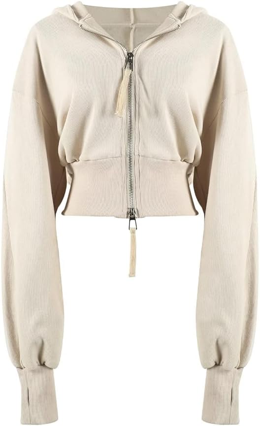 Cropped Hoodie Women Zip Up Long Sleeve Sweatshirts Casual Fashion Hooded Workout Jacket Crop Top