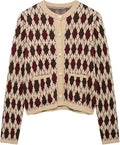 Trendy Fall Argyle Cardigan for Women  Preppy Plaid Knit Sweater Round Neck Button Down Knitwear