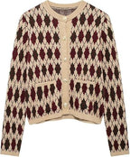 Trendy Fall Argyle Cardigan for Women  Preppy Plaid Knit Sweater Round Neck Button Down Knitwear