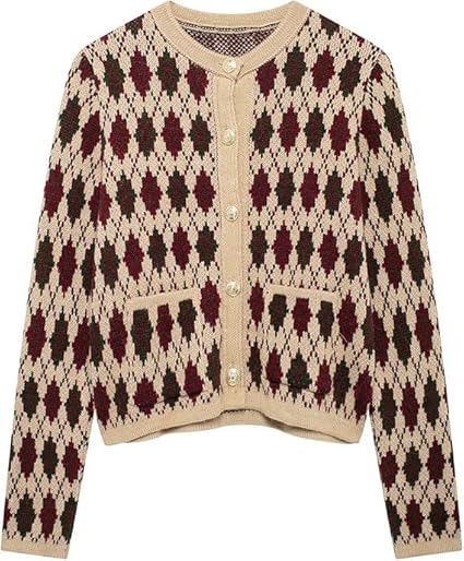 Trendy Fall Argyle Cardigan for Women  Preppy Plaid Knit Sweater Round Neck Button Down Knitwear