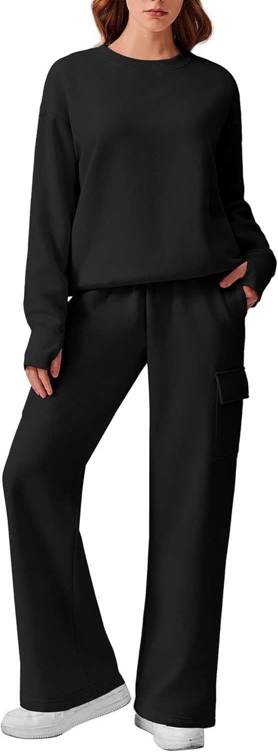 2 Piece Sets for Women  Fleece Sweatsuits  Sweatshirts Wide Leg Cargo Sweatpants with Pockets Thumbhole
