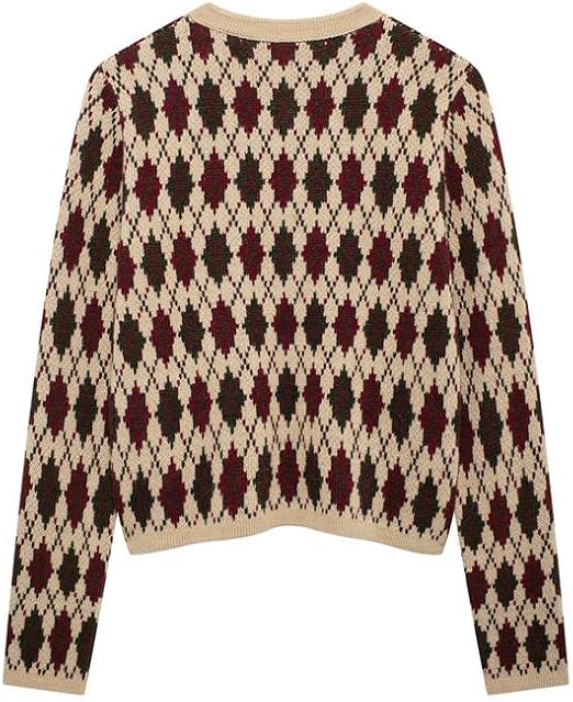 Trendy Fall Argyle Cardigan for Women  Preppy Plaid Knit Sweater Round Neck Button Down Knitwear