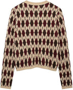 Trendy Fall Argyle Cardigan for Women  Preppy Plaid Knit Sweater Round Neck Button Down Knitwear