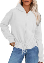 Women's Drawstring Waist Full Zip Hoodies Long Sleeve Cropped Casual Sweatshirts Jacket Lightweight Hooded Cardigan