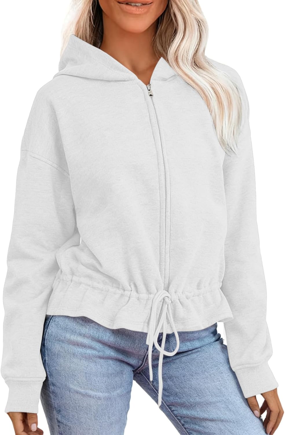 Women's Drawstring Waist Full Zip Hoodies Long Sleeve Cropped Casual Sweatshirts Jacket Lightweight Hooded Cardigan