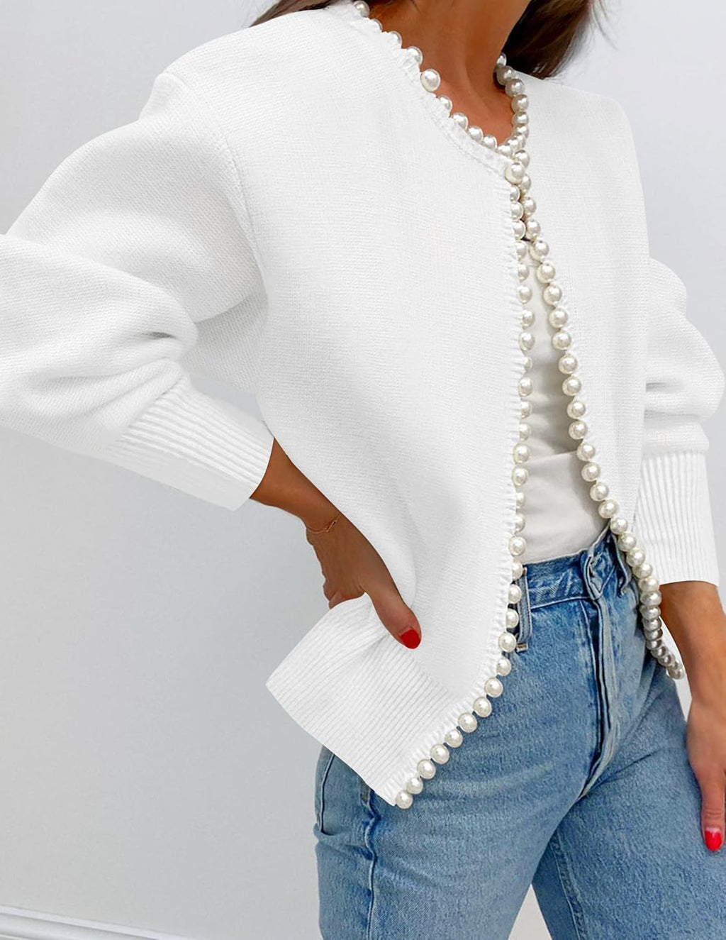 Women's Open Front Cardigan Sweater  Fall Casual Knitted Long Sleeve Pearls Trim Outerwear Coat Trendy Clothes