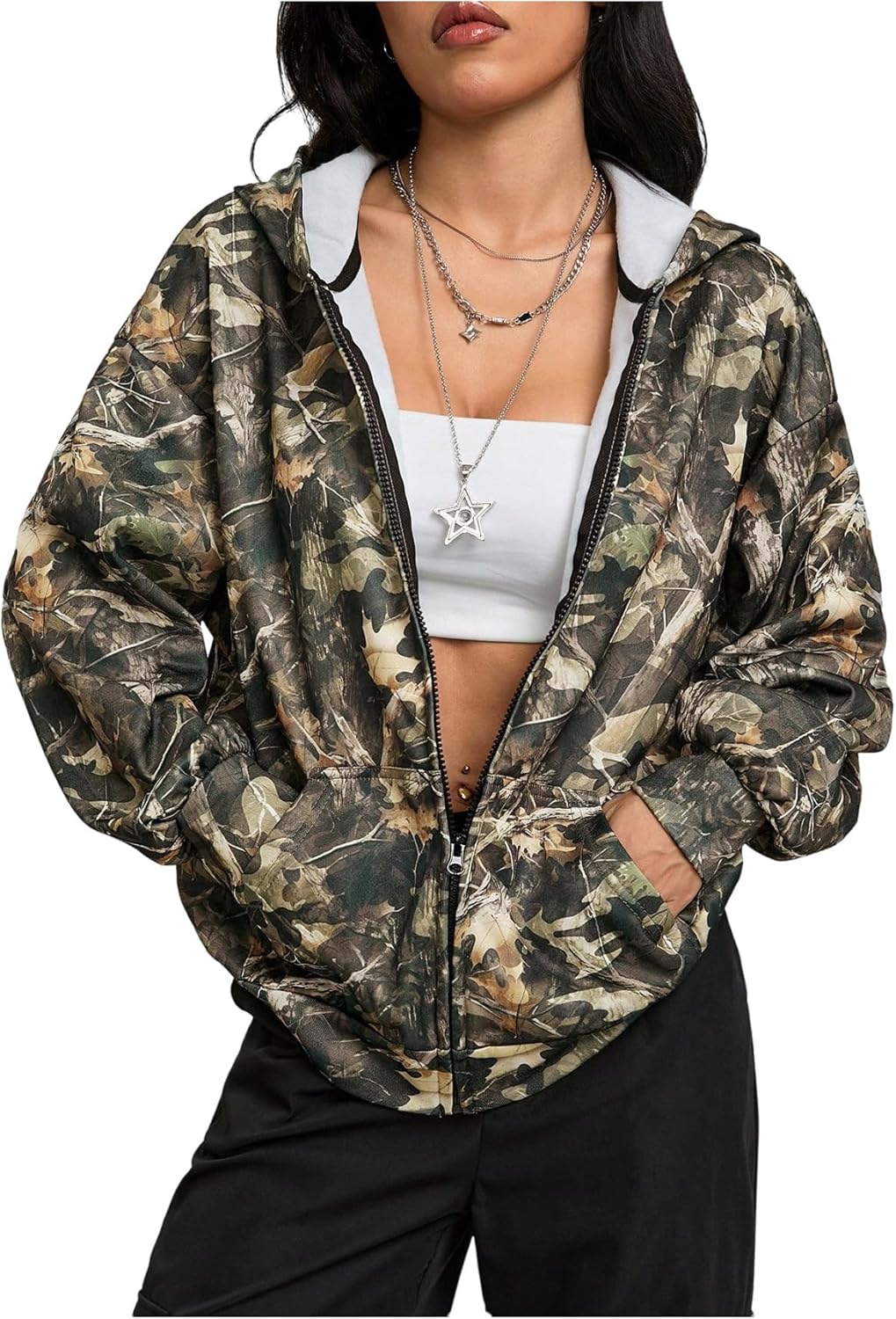 Women's Y2k Camo Oversized Hoodie Vintage Zip Up Drop Shoulder Streetwear Sweatshirts with Pockets