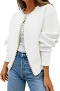 Women's Open Front Cardigan Sweater  Fall Casual Knitted Long Sleeve Pearls Trim Outerwear Coat Trendy Clothes